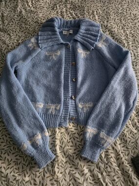 Sincerely Jules Light Blue Knit Cardigan with Cream Bow Accents
